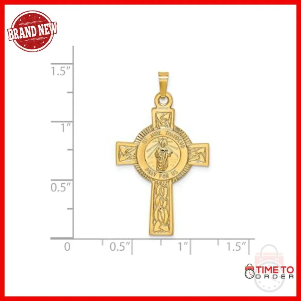 14k Yellow Gold Saint Jude Celtic Cross Pendant Necklace Religious Jewelry